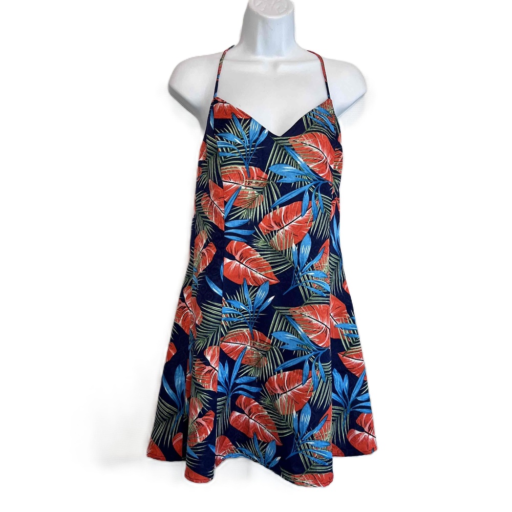 Sugarlips Aloha tropical dress‎ Small T-Back Blue & Orange Flare Mini Dress
